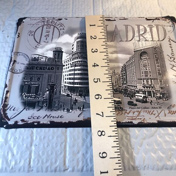 Metal Sign Madrid Spain Postcard Plaza Del Callo 1930 Tin Art 10.5x7” - Picture 9 of 10